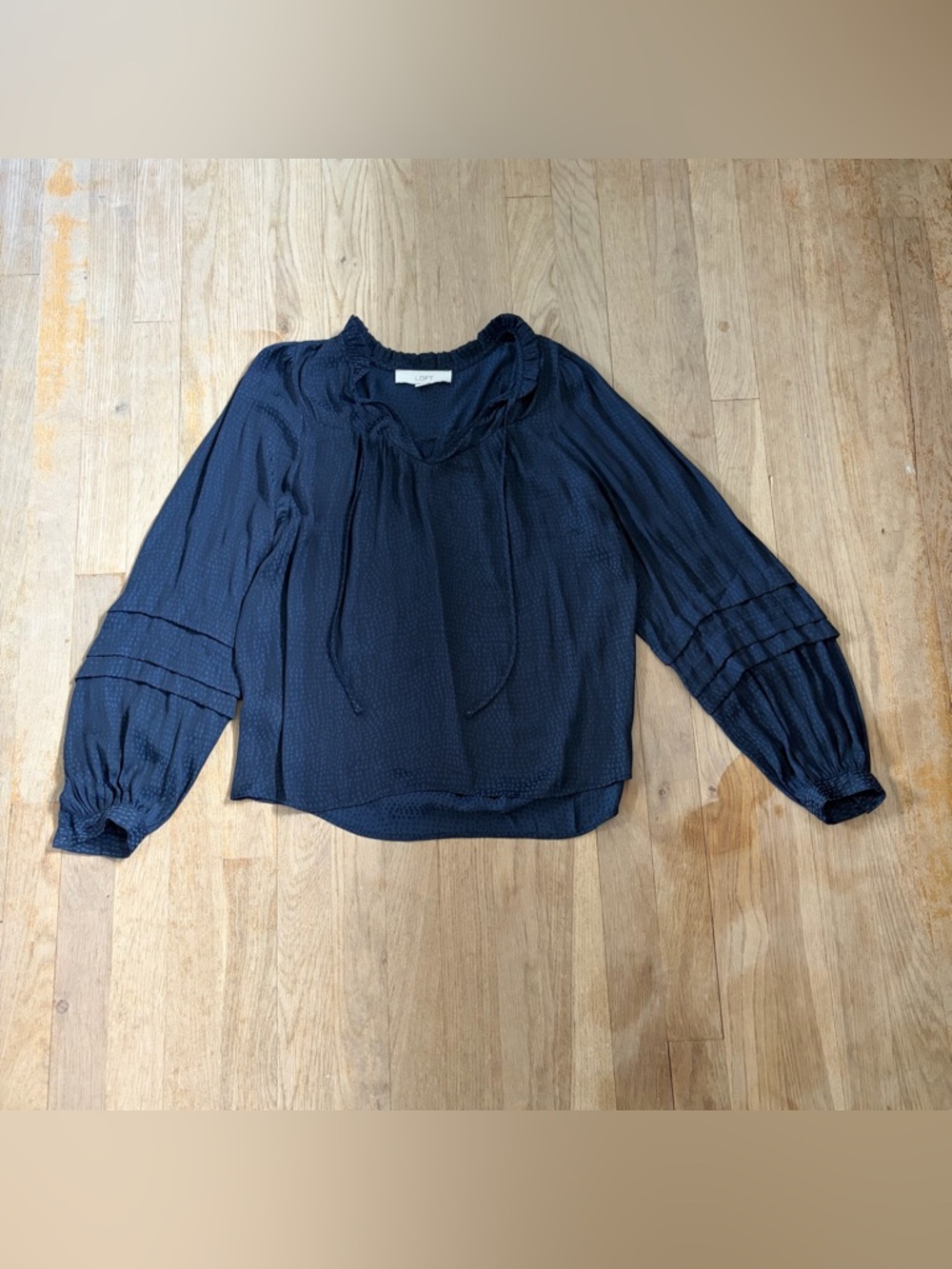 LOFT Navy Peasant Blouse | Subtle Dot Print | Size Small